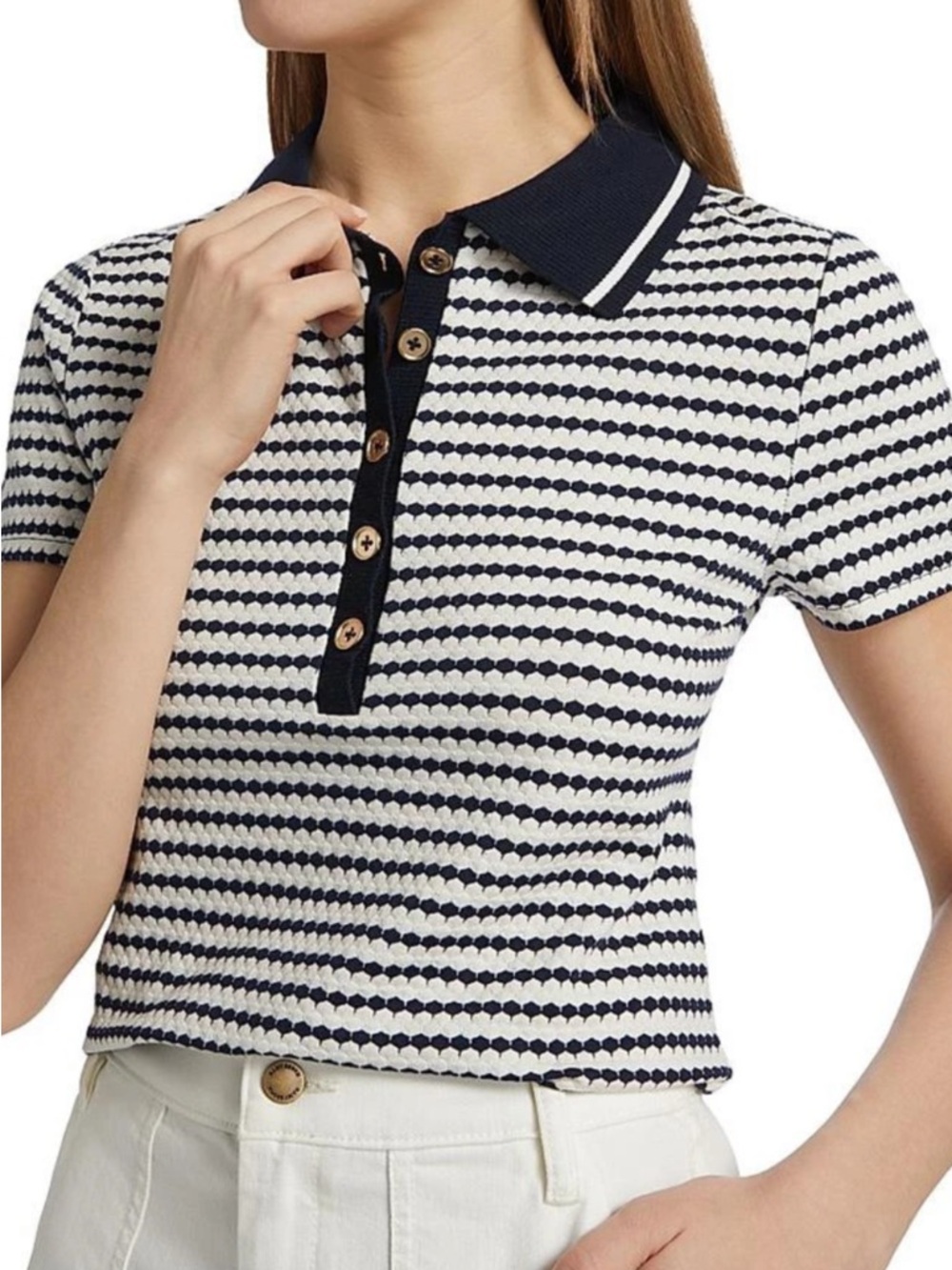 RAMY BROOK SIMONE COLLARED KNIT SHORT SLEEVE TOP IN NAVY PUCKER